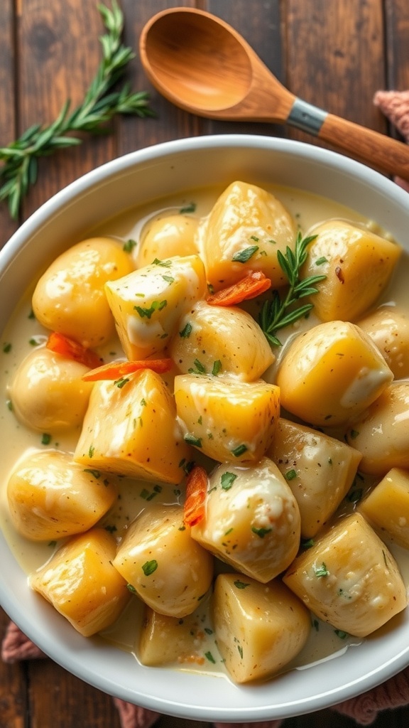 Creamy slow-cooked potatoes in a white bowl, garnished with herbs and cheese on a rustic wooden table.